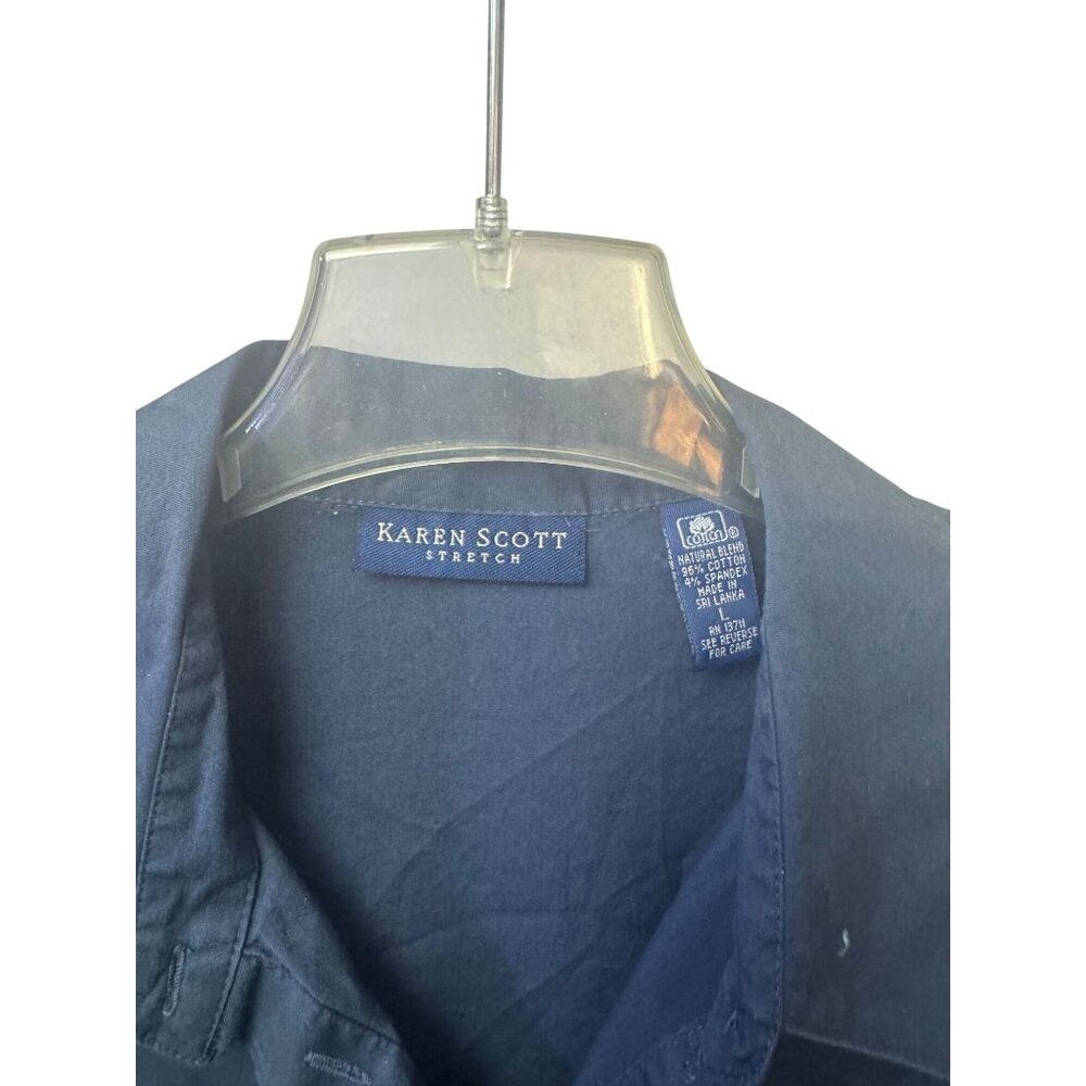 Karen Scott Size Large Button Down Navy Short Sleeve Stretch Cotton Shirt - Picture 5 of 8